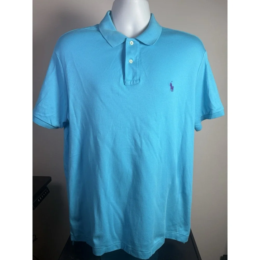 Polo Ralph Lauren Men XL‎ Blue Short Sleeve Pique Polo Shirt Purple Pony Logo